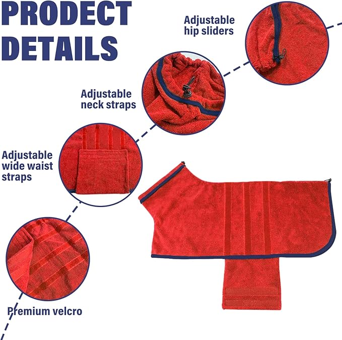 Dog Drying Coat - Fast Drying Dog Towel Robe - Microfiber Super Absorbent Pet Bathrobe, Adjustable Collar & Belly Strap Pet Coat Pet Bath Robe Towel (XX-Large, Red)
