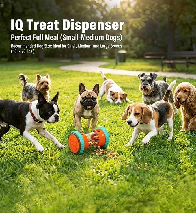 Interactive Dog Puzzle Toy & Slow Feeder-Fully Detachable Dishwasher Safe Treat Dispenser, Stepless Adjustable Dual Ports for Kibble & Freeze-Dried, Whisper-Quiet Rubber Wheels for All Breeds