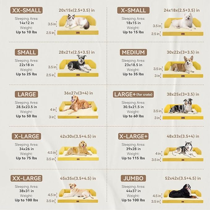 Large Dog Bed Orthopedic Washable | Beds Bolster Pet - XXL Large Big Dogs - Memory Foam - Couch Sofa - Waterproof with Removable Cover - Ginger Yellow Dog Bed