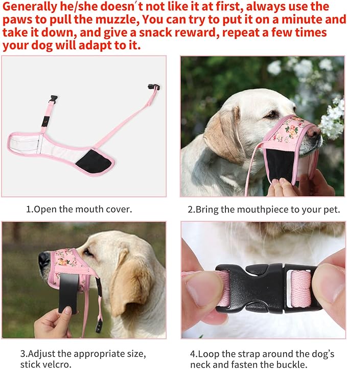 HEELE Dog Muzzle,Soft Nylon Muzzle Anti Biting Barking Chewing,Air Mesh Breathable Drinkable Adjustable Loop Pets Muzzle for Small Medium Large Dogs 4 Colors 4 Sizes (P-Pink Flower, L)