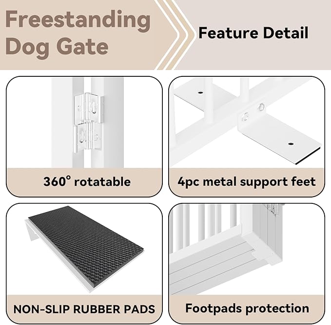 SNUOWU Full Metal Freestanding Dog Gate with Door, 32''Height Foldable Pet Dog Fence for Indoor & Outdoor, 4 Panels Extra Wide Free Standing TallDog Gates for Doorways,House,Stairs,Porch,Deck,Yard