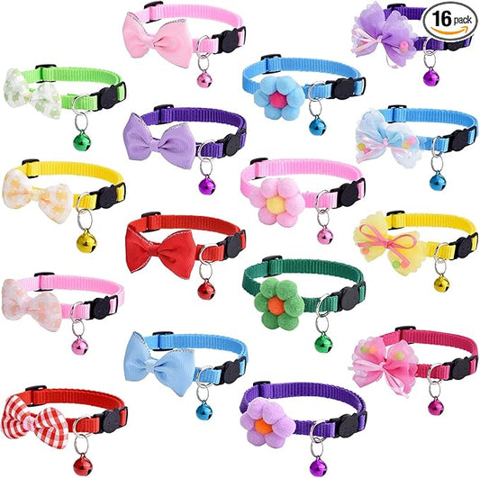 16 PCS Cute Cat Collar with Bells Kitten Collars for Girls Pink Cat Collar Breakaway Cat Collars for Girl Cats Small Kitten Collar with Bell Boy Pet Collar for Cats Kitten Supplies Flower Cat Collar