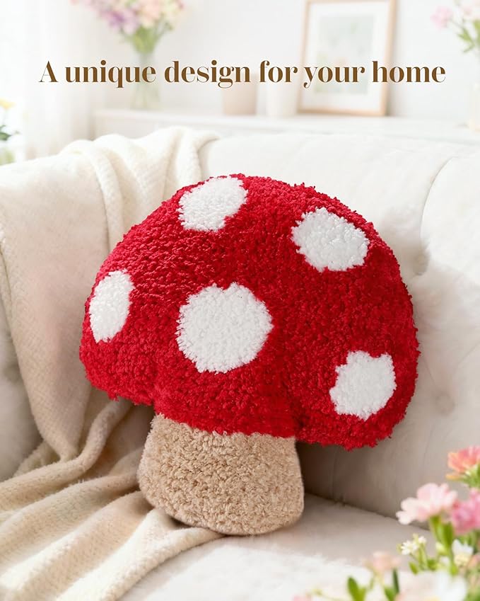Mushroom Shaped Throw Pillow - Cute Decorative Plush Throw Pillow for Couch, Sofa, or Living Room, 13.8" x 13.8" Soft Stuffed Cushion for Home Decor