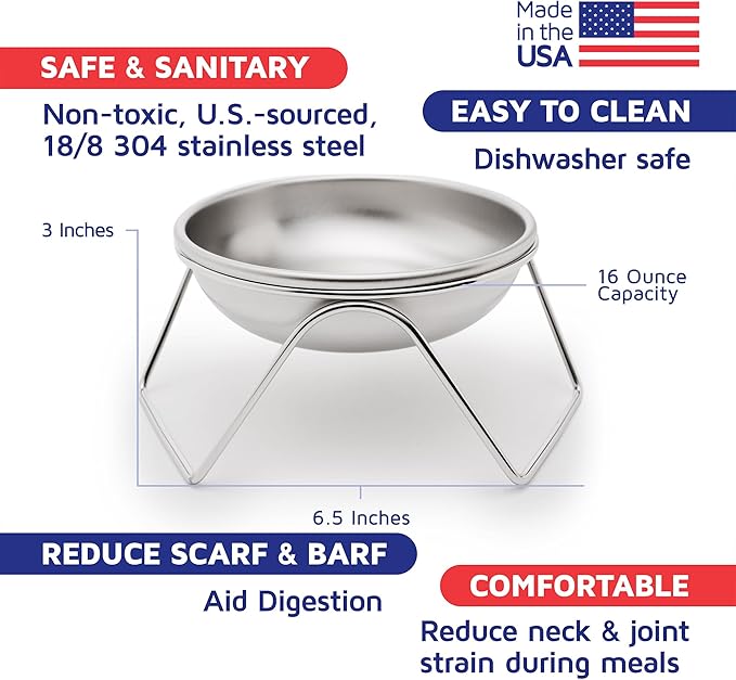 Raised Cat Bowl Stand for Food & Water by Americat – Made in USA – Stainless Steel, Spill-Proof Elevated Feeder, Dishwasher Safe, Human Grade, Whisker Friendly (Bowl + Stand)
