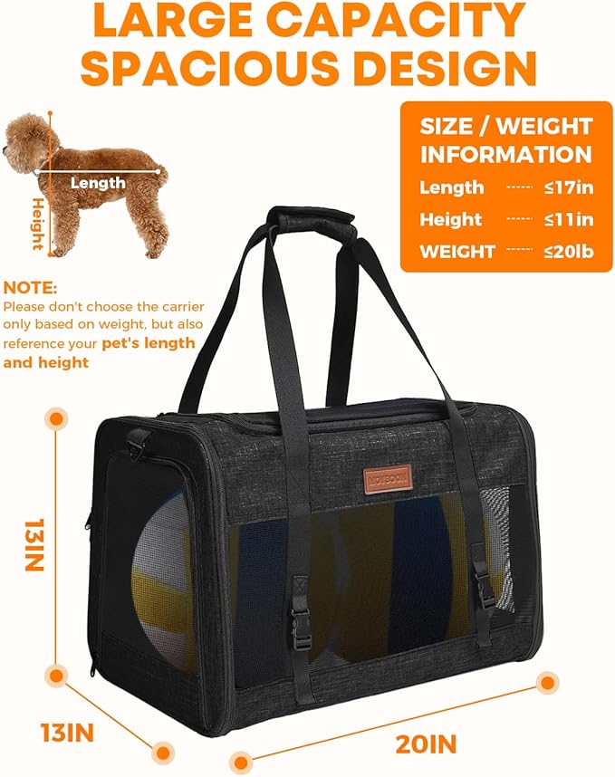 Large Cat Dog Carrier for Pet Up to 20 Lb - 20×13×13 in, Top & Side Entry, Foldable, Soft-Sided Pet Carrier with Ventilated Anti-Scratch Mesh & Car Seat Buckle for Car, Travel and Vet – Black