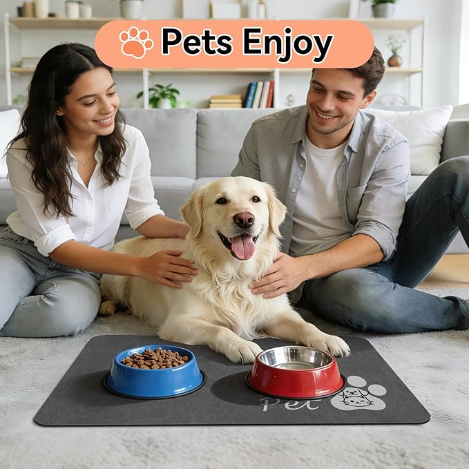 Dog Cat Feeding Mat-Absorbent Pet Bowl Mat for Food and Water, Quick Dry Water Dispenser Mat for Floors with Waterproof Rubber Backing, Puppy Cat Placemat Mats for Messy Drinkers,16"x24",Dark Grey