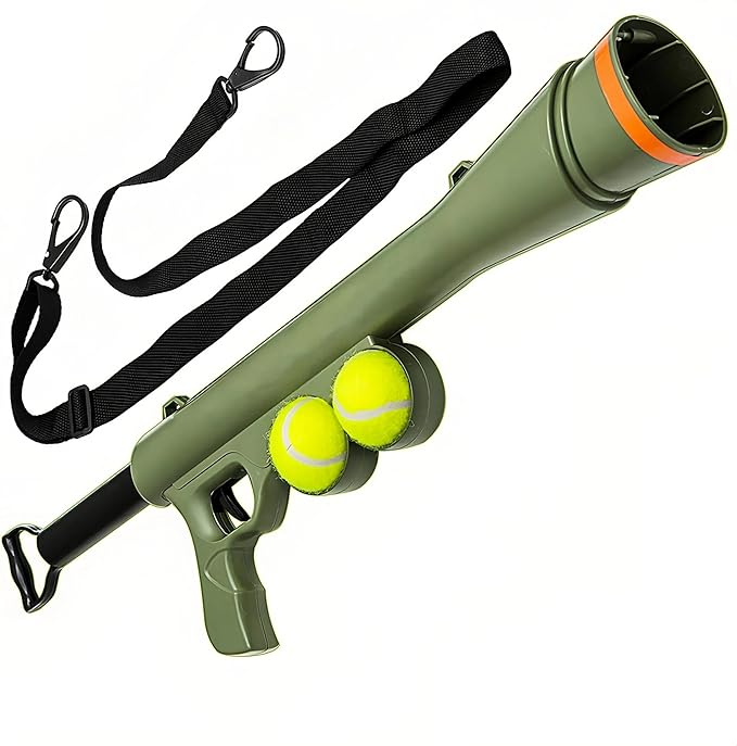 Tennis Ball Launcher for Dogs,Interactive Dog Fetch Toy Launches Up to 65 Ft,Hands-Free Ball Pickup Dog Ball Thrower with 2 Tennis Balls & Removable Shoulder Strap-24 Inch