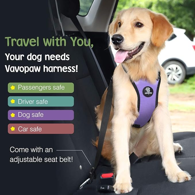 VavoPaw Dog Seat Belt, Safety Vest Dog Car Harness with Adjustable Buckle Dog Seat Belt for Vehicle Nylon Pet Safety Seat Belts Heavy Duty(L, Purple)