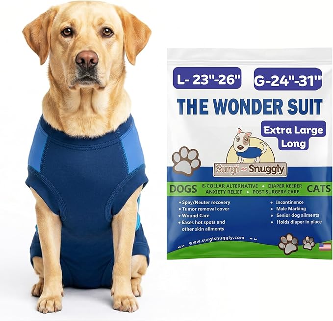 Surgi Snuggly Dog Surgery Recovery Suit – Dog Onesie for Post Surgery Recovery, Female Spay & Male Neuter – Surgical Suit for Dogs, E-Collar Cone Alternative, Double Blue - XL Long - 23" - 26" (EC)