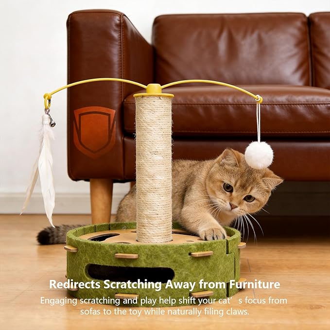 Cat Nail File Scratcher, Cat Claw Saver Box with Scratching Post, Interactive Cat Scratch Puzzle Box with Rotating Teaser & Replace Sandpaper for Indoor Cats (3 Bell Ball)