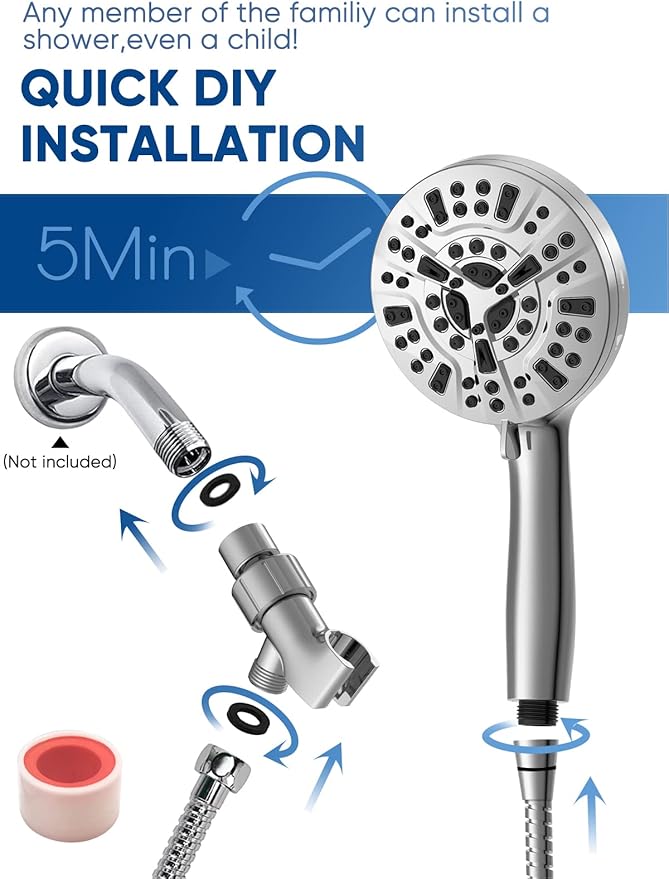 Pavezo® High Pressure Shower Head Handheld 5" Large, Extra Long 60" SS Hose 10-mode Portable Detachable Shower Head with Hard Water Filter, Anti-clog & Powerful to Clean Tile & Pets, Chrome