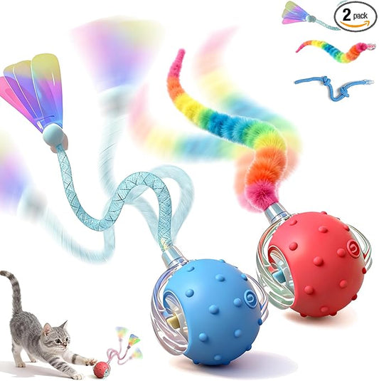 2-Pack Interactive Cat Toys for Indoor Cats with 6 Tails - Automatic Moving & Chirping Balls, Self Play Toy for Playful Kittens & Bored Cats Home Alone (Red+Blue)