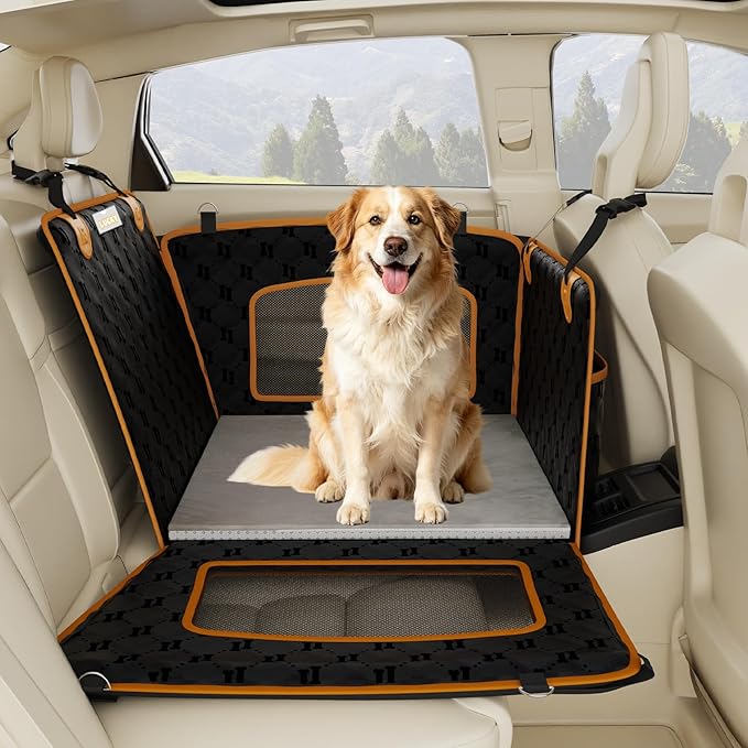2-in-1 Dog Car Seat for Large Dogs Set with Dog Mat,Dogs Cars Carrier Anti Slip and Waterproof,Pet Car Seat Extender with Hard Bottom&Personalized Signature for Cars/SUV/Trucks(Grey Sponge Mat)