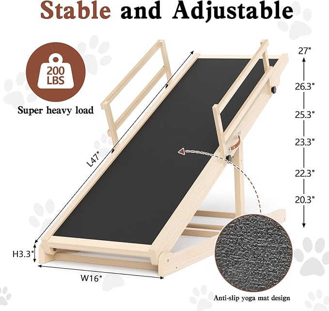 Dog Ramp for High Bed, Couch, Car, Pet Ramps 47" Long Adjustable 6 Height from 20.3"-27" Wooden Dog Step with Anti-slip Yoga Mat & Safety Side Rails for Small Medium Older Pets, up to 200 lbs