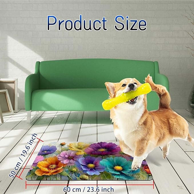 Dog Food Mat, 19.6" x 23.6" Absorbent Pet Feeding Mat for Food and Water, Waterproof Diatom Mud Pet Placemat with Non-Slip Rubber Backing, Cat Bowl Mat for Floors - Purple-Green Flowers