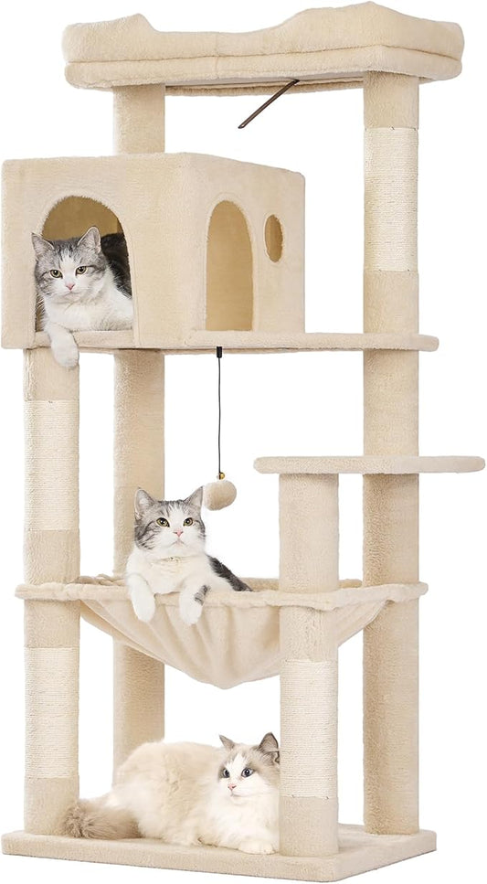 53” Cat Tree for Large Cats 20 lbs+,XL Cat Tower with Scratching Posts,Enlarge Top Bed 23.6”and 21.6”x15”Hammock, Oversized Condo House-XLarge Beige
