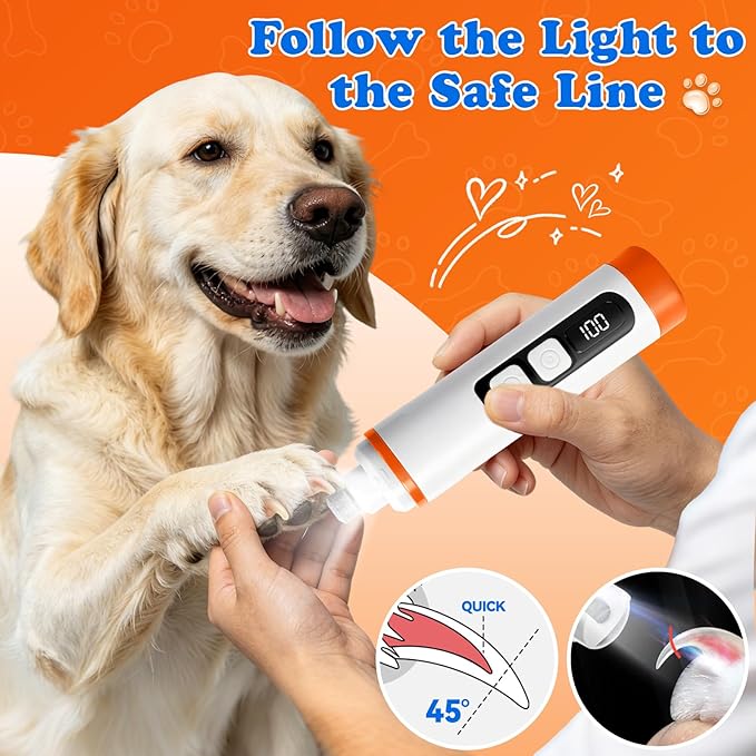 Dog Nail Grinder with LED Light – Quiet & Safe Pet Nail Trimmer for Small Medium Large Dogs & Cats, Cordless & Rechargeable, Low Noise Dog Nail Care for Beginners