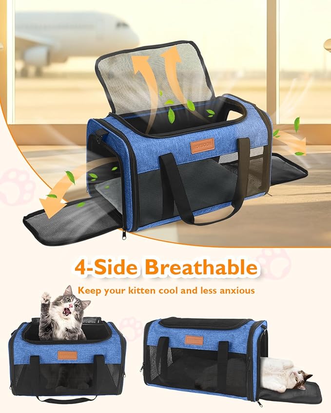 PETUX Airline Approved Pet Carrier - 17x11x9.5 in, Underseat, Top & Side Entry, Soft Sided Cat Carrier for Small Cat Up to 12 lbs with Breathable Anti-Scratch Mesh for Travel & Vet - Blue