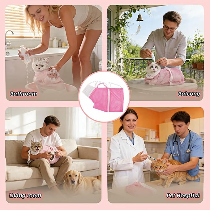 Cat Grooming Restraint Bag with Adjustable Drawstrings, Pink Mesh Bath Bag for Bathing, Nail Trimming, Ear Cleaning, Breathable Polyester with Zipper Design and Handheld Design (Pink)