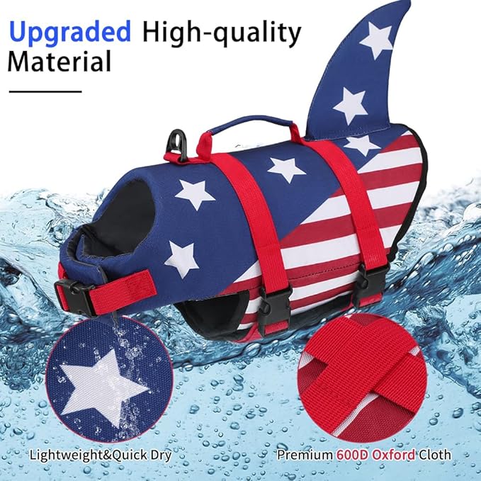 EMUST Shark Life Jackets for Dogs, Adjustable Ripstop Dog Life Vest for Water Safety Pet Life Vest with Rescue Handle Safety Vest for Swimming Pool Beach Boating, (L,StarFlag)
