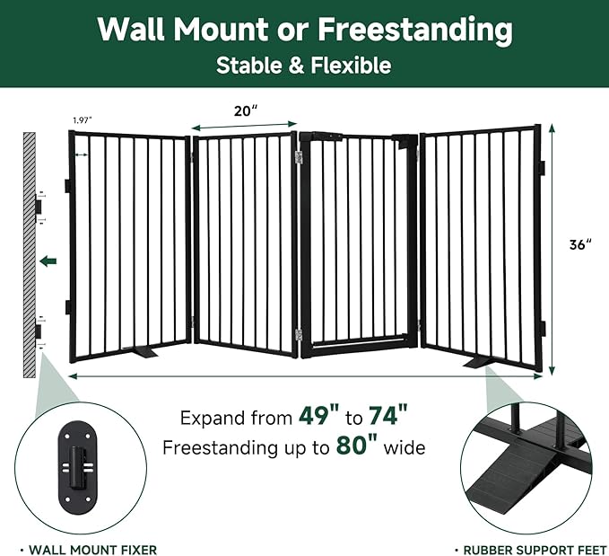 Snagle Paw Metal Freestanding Dog Gate with Door,80” W x 36” H Dog Fence with Support Feet for Doorways, Stairs and Hallways, Portable Pet Gate for Indoor Use (4 Panel, Black)