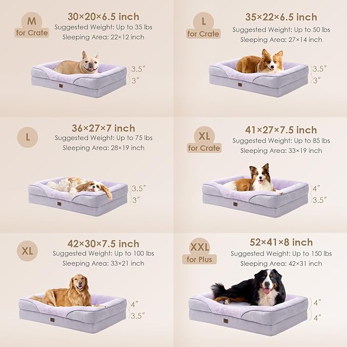 EHEYCIGA Orthopedic Dog Bed for Large Sized Dog, 41x27 Inch Large Memory Foam Dog Couch Bed with Sides, Waterproof Liner & Washable Removable Cover, Bolster Pet Sofa, Purple