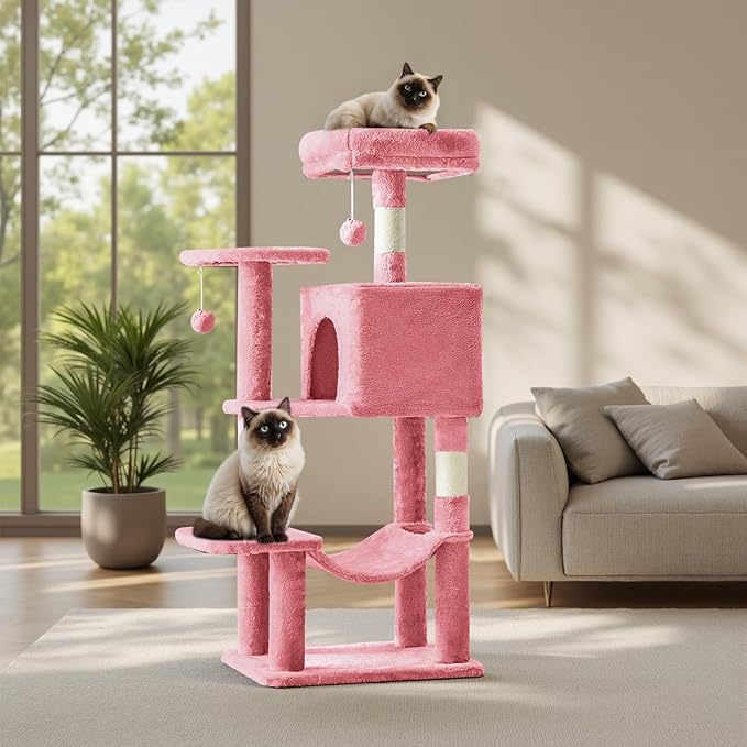 Sweetcrispy 44 Inch Cats Tree Tower, Cat Climbing Tower with Natural Sisal Scratching Posts, Hammock, Pet Condo for Indoor Cats and Kittens Play, Pink