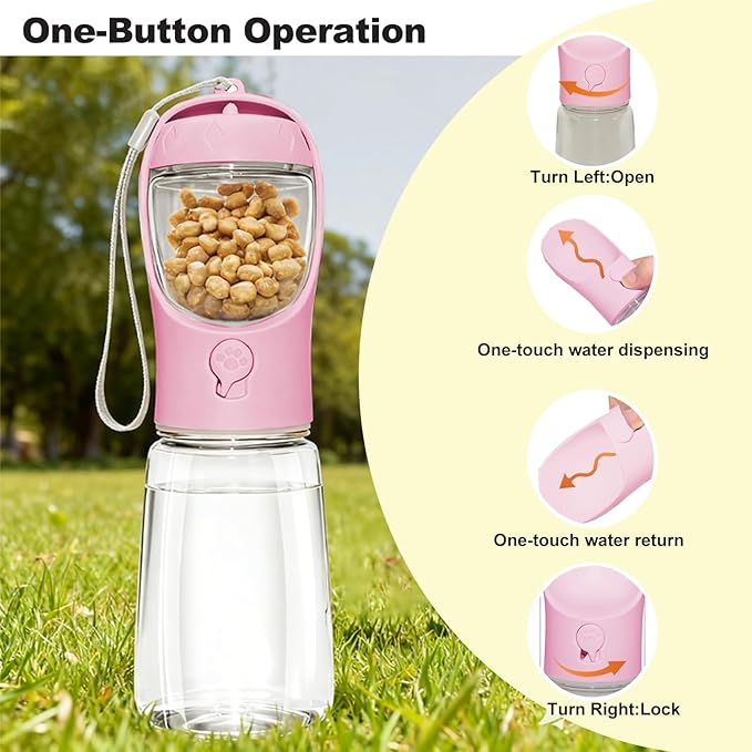 Portable Dog Water Bottle with Food Container, BPA Free Travel Water Bottle for Dogs, 2-in-1 Dispenser Drinking Feeder for Pets Walking, Hiking, Travel, Puppy Essentials, Pink, 19oz