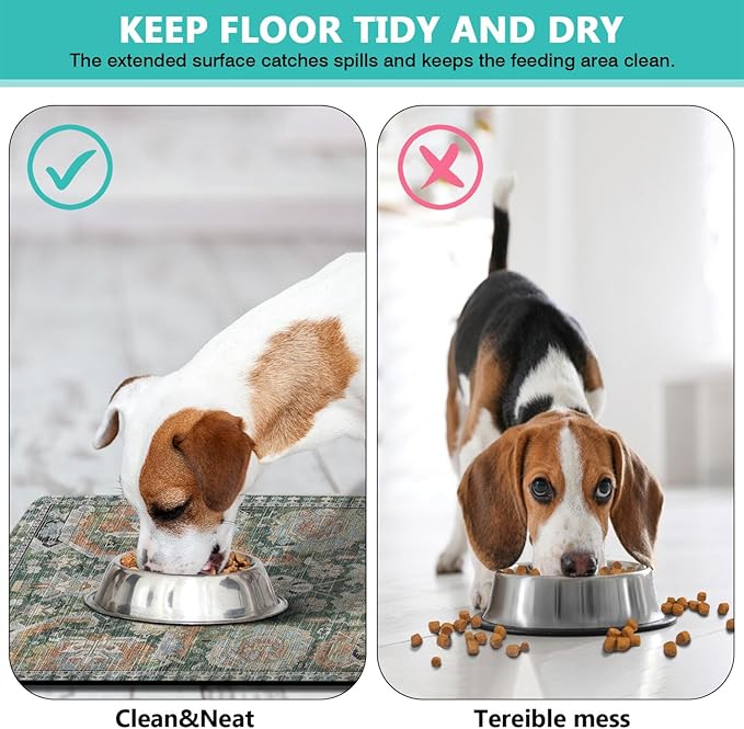 Vintage Tribal Dog Food & Water Mat, Boho Pet Feeding Mat for Floor Non-Slip Waterproof, Super Absorbent Cat Bowl Mat, Easy to Clean Durable Pet Placemat,12" × 20"