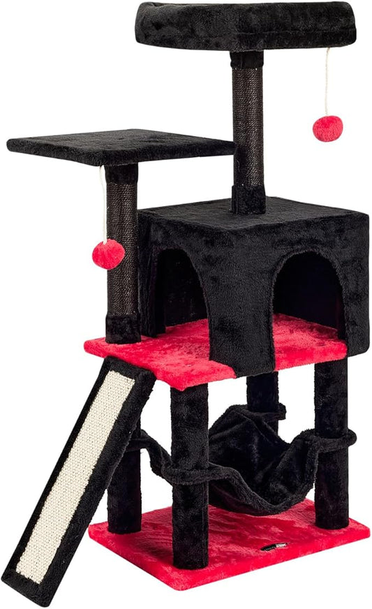 Gothic Cut Cat Tree with Coffin Bed for Indoor Cats Cat Tower with Scratching Post Modern Activity House for Large Cats Condo with Board Kittens Cave Hammock Hanging Ball RED Black