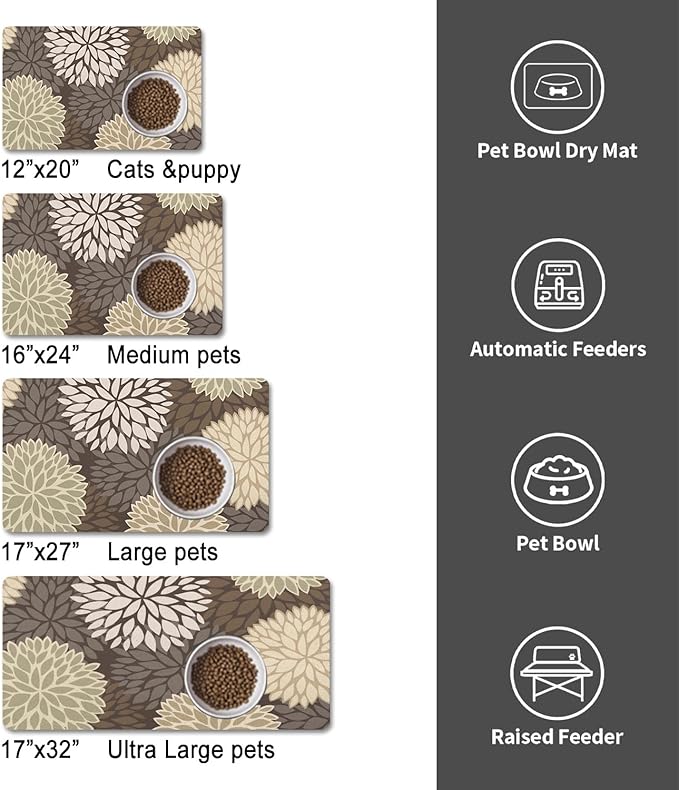 Dog Food Mats for Floors, Absorbent and Quick-Drying Pet Cat Food Mat,Anti-Fouling and Easy-to-Clean Pet Feeding Mat,Dog Bowl Mat for Messy Drinking Water Bowls.12x20, Bohemia Dahlia Floral Style