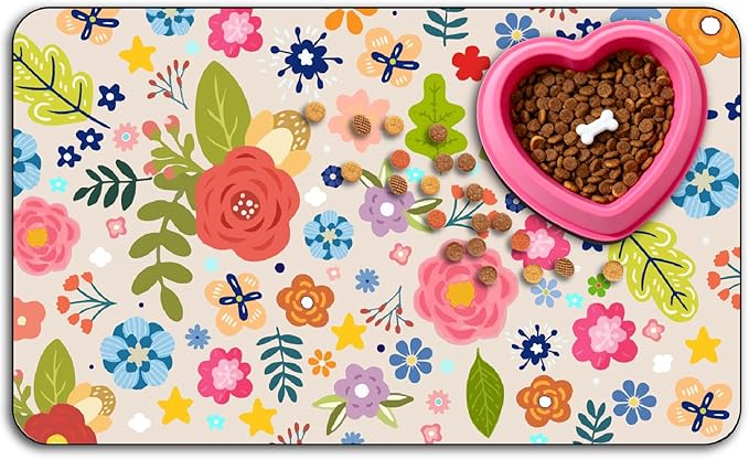 Flower Pet Mat for Dog and Cat 20" x 12" Floral Pattern Cat Feeding Mats Cute Rectangle Diatomaceous Earth Absorbent Quick Dry Dog Pet Feeding Placemat for Food and Water Bowls Supplies