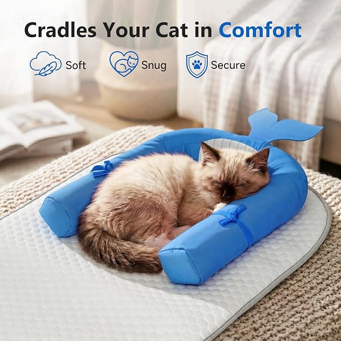 Cat Cooling Mat with Soft U-Shaped Pillow– Breathable Calming Cooling Pad for Cats– Portable Washable Summer Cooling Cat Bed for Indoor Or Travel Use,Blue Shark