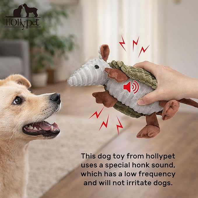 Hollypet Plush Dog Squeaky Toy Stuffed Armadillo Animal Pet Puppy Chew Toys with Clean Teeth for Small Medium Large All Breed Sizes Dogs, Olive Green, 8 in