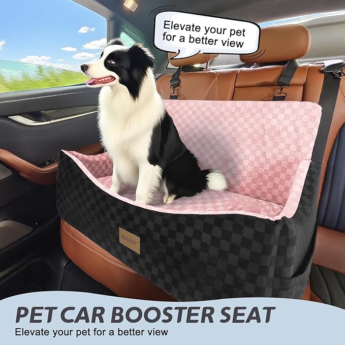 JOEJOY Dog Car Seat for Medium/Large Dogs - Reversible Dual-Sided Travel Dog Car Bed with Memory Foam, Washable Pet Booster Seat for Do gs up to 55 lbs or 2 Small Dogs, 2 Safety Leashes, Pink