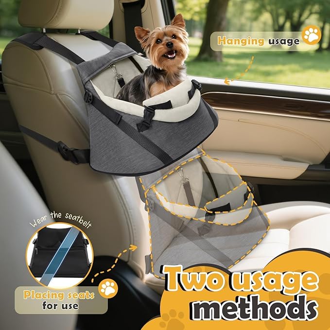 WOYYHO Luxurious Dog Booster Car Seat Designed for Tiny Dogs up to 7 lbs, Vegan Leather Pet Dog Car Seat with Safety Belt & Soft Flannel Liner for Teacup Yorkie, Chihuahua, Maltese, Small Dogs Cats