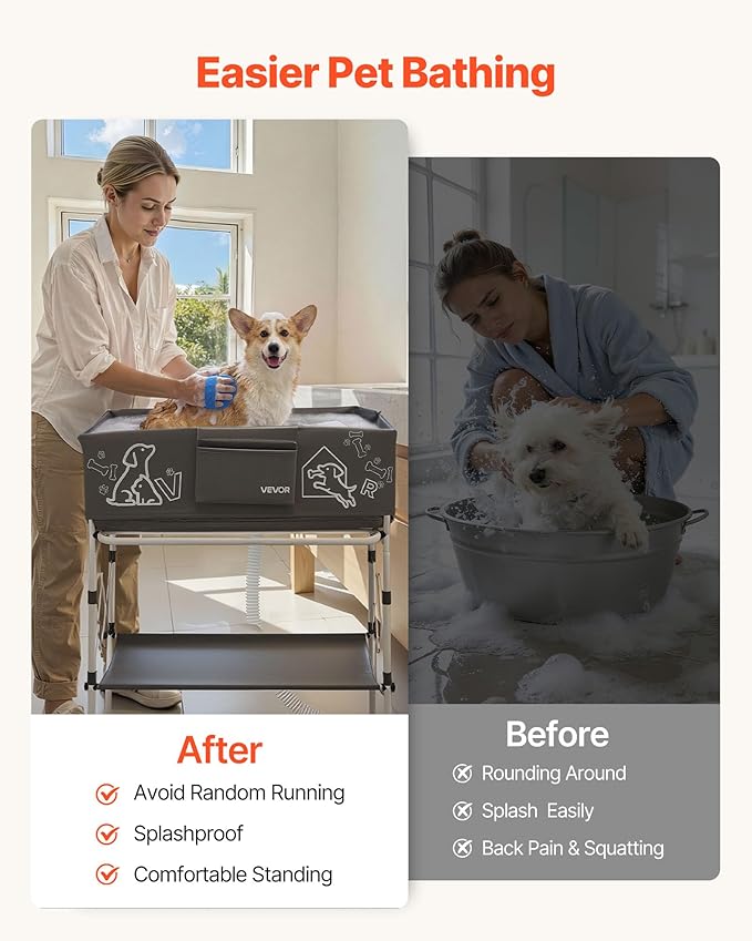 VEVOR Dog Bathtub, Elevated Dog Bath Tub, Collapsible Pet Bathing Grooming Wash Station, Portable Foldable Space-Saving, with Built-in Drain Hose for Small and Medium Pet Cat Indoor & Outdoor, Gray