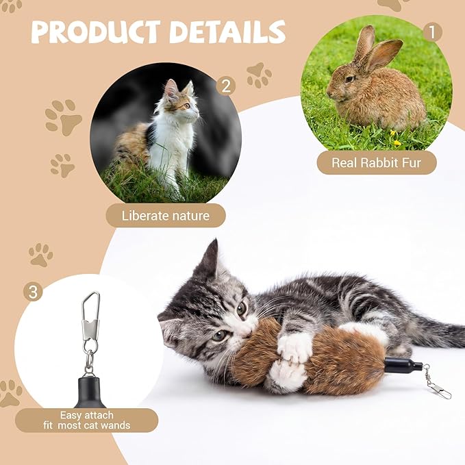 6 Pack Natural Rabbit Fur Cat Toy Refills Silent Cat Wand Toy Attachments Interactive Handmade Replacement Heads with Secure Connector