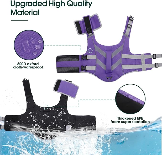 Kuoser Dog Life Jacket with Reflective Stripes, Dog Life Vest for Swimming Boating, Adjustable Pet Lifejackets with High Flotation, Doggie Swimsuit for Small Medium Large Dogs