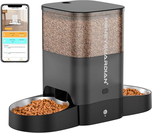 HoneyGuaridan Automatic Cat Feeder for 2 Cats, 2.4/5G WiFi Smart Feed Pet Feeder with Stainless Steel Bowl,APP Control Dispenser, Dual Power Supply,Desiccant Bag,10s Meal Call Black
