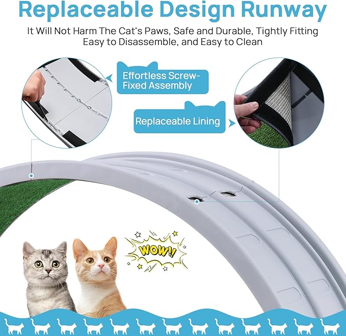 Cat Exercise Wheel, 47.2 Inch Indoor Treadmill for Cats with Carpeted Runway, Screw-Fixed Assembly for Easy Setup, Silent & Safe Fitness Equipment for Most Cats