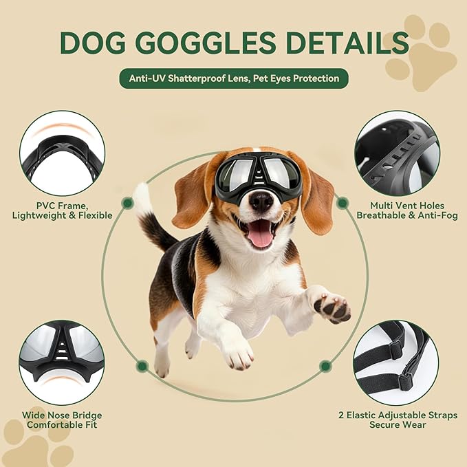 Dog Goggles for Small to Medium Breeds, Small Dog Sunglasses UV Protection Windproof Snowproof, Outdoor Driving/Riding/Hiking Eyes Wear, Soft Frame Adjustable Straps, Silver Lens