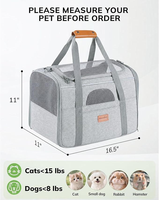 Morpilot Airline Approved Cat Carrier, 16.5" x11" x11" Soft-Sided Pet Travel Carrie with 4-Sided Mesh Ventilation for Cats & Puppies up to 15lbs (Light Gray)