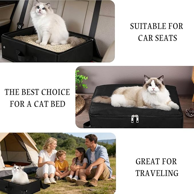 Portable Cat Litter Box, Foldable Cat Travel Litter Box with Zipped Lid and Free Litter Scoop, Bag, Roller,No Smell, Waterproof, Leak-Proof, Easy to Use in Hotels and Other Outdoor Use(Black)