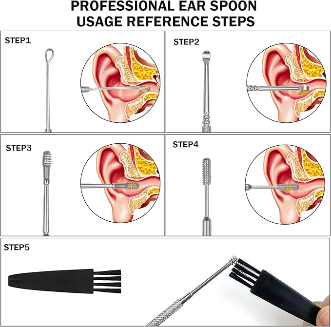 Hion 8 Pcs Ear Wax Removal Kit,Professional Double-Headed Ear Pick Earwax Removal Tools,316L Stainless Steel Ear Cleaner Curette with Cleaning Brush and Storage Box,Suit for Kid Adult(Silver)