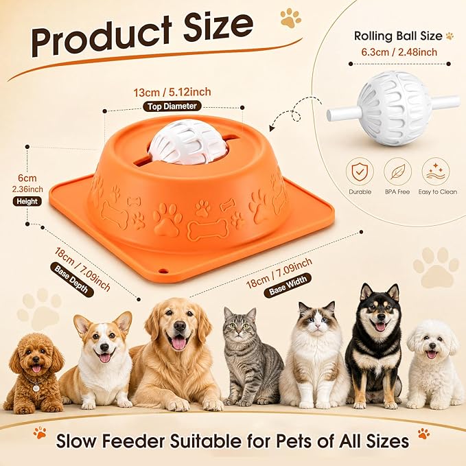 Slow Feeder Dog Bowls, Anti-Slip Dog Lick Bowl with Interactive Rolling Ball, Anxiety Relief Liquid Treat Feeder, Bone Broth Yogurt Licking Toy for Small Medium Large Dogs and Cats(Orange)