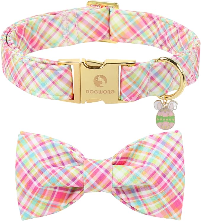 DOGWONG Easer Dog Collar with Bow,Colorful Plaid Dog Collar, Adjustable Durable Soft Easter Dog Collars for Male Female Dogs,L