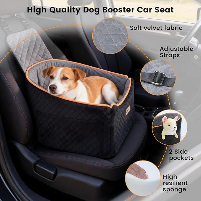 Dog Booster Car Seat for Small & Medium Dogs Up to 35lbs, Dog Car Seat with 2 Height Cushion, Portable Travel Bed for Front & Back Seats with Remove Cover, Storage Pocket - Black