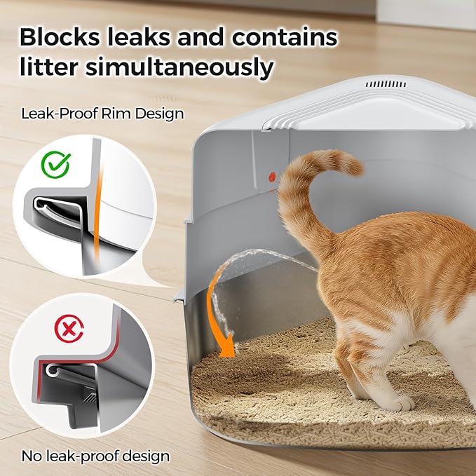 Chumajor XXL Stainless Steel Corner Cat Litter Box with Lid - Sturdy, No Odor & Space-Saving Hidden Design for Large Cats, White