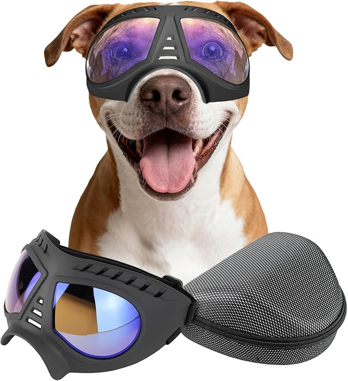 Large Dog Goggles Pet Eyes Protection for Medium to Large Breed, Windproof Snowproof UVproof Dog Sunglasses for Outdoor Hiking/Cycling/Driving, Soft Frame Adjustable Straps, Clear Blue Lens
